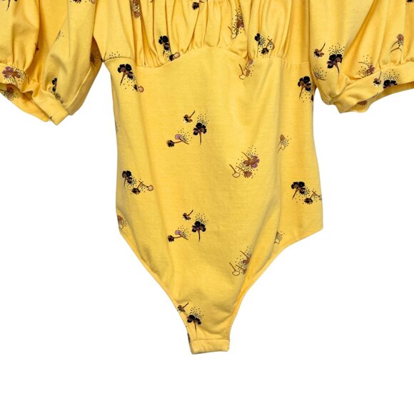 Free People Bodysuit Top Womens S Butter Yellow Milkmaid Babydoll Puff Sleeve - Picture 3 of 11